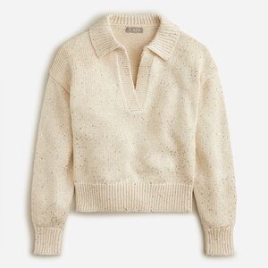 J.Crew Ivory Silver Sequin V-neck Collared Polo Pullover Sweater